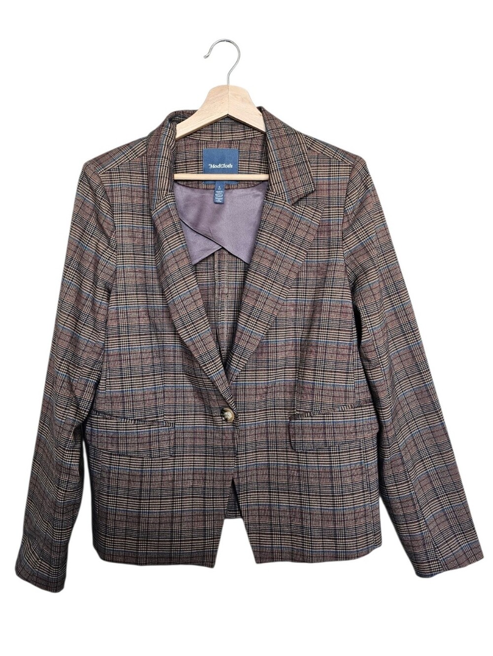 Modcloth Plaid Single-Button Blazer in Brown Multi Size Large
